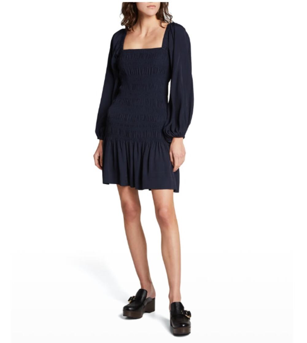 Ganni Puff Puffy Sleeve Ecovero Smocked Mini Dress Ripstop sz 36 Navy A-Line